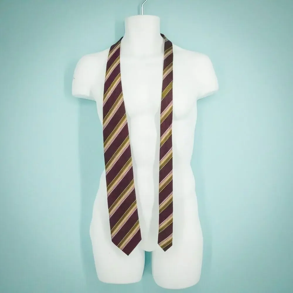 Ermenegildo Zegna Designer Silk Burgundy Green Pink Stripe Print 3.5 Inch Tie